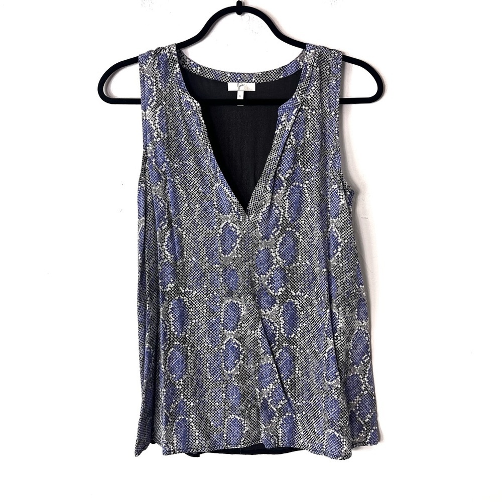 Joie Blue Black Silk Sheer Snakeskin Sleeveless V Neck Top Large